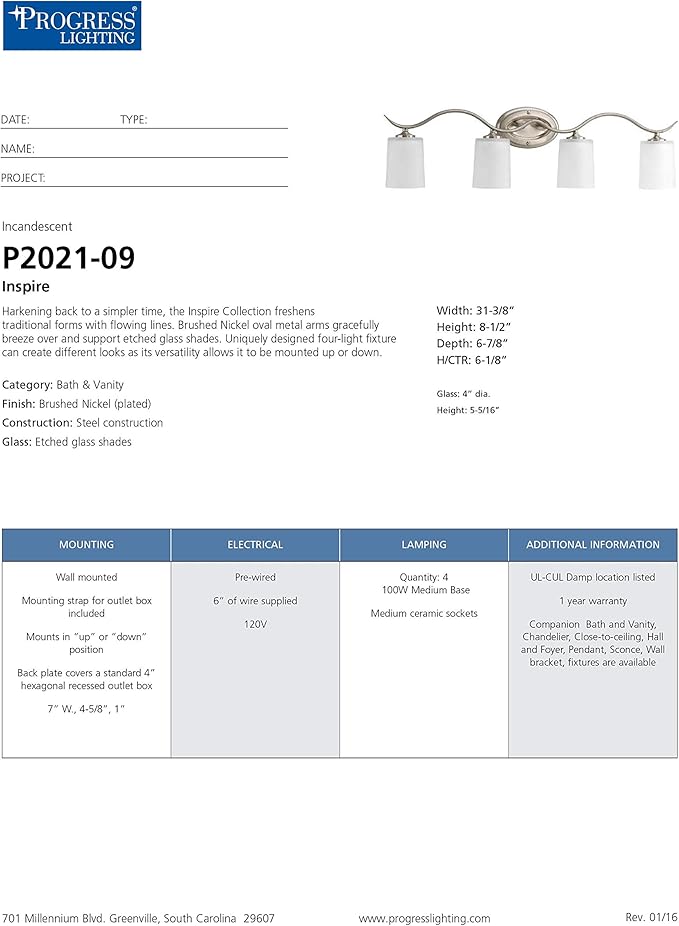 Progress Lighting P2021-09 Inspire Collection Etched Glass Traditional Bath Vanity Light, 4-Light, Brushed Nickel