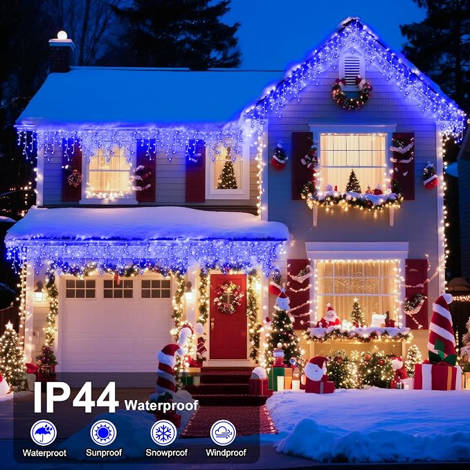 XURISEN 66ft Christmas Lights Decorations Outdoor, 640 LED 8 Modes Curtain Fairy Lights with 120 Drops,Plug in Waterproof Timer Memory Function for Christmas Holiday Wedding Party Decor(Blue)