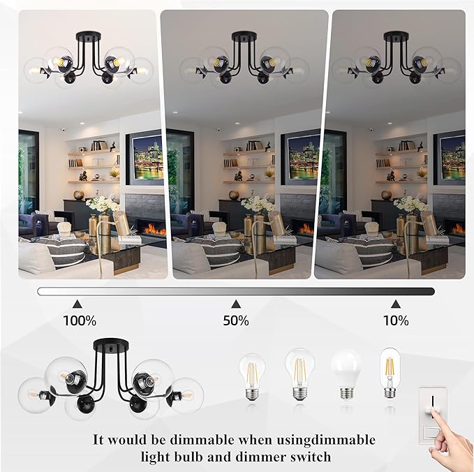 KoKo&Yukina 6-Light Modern Semi Flush Mount Ceiling Light Fixture Mid Century Ceiling Light Globe Ceiling Light with Clear Glass Shade Matte Black Finish for Bedroom Hallway Dining Room Living Room