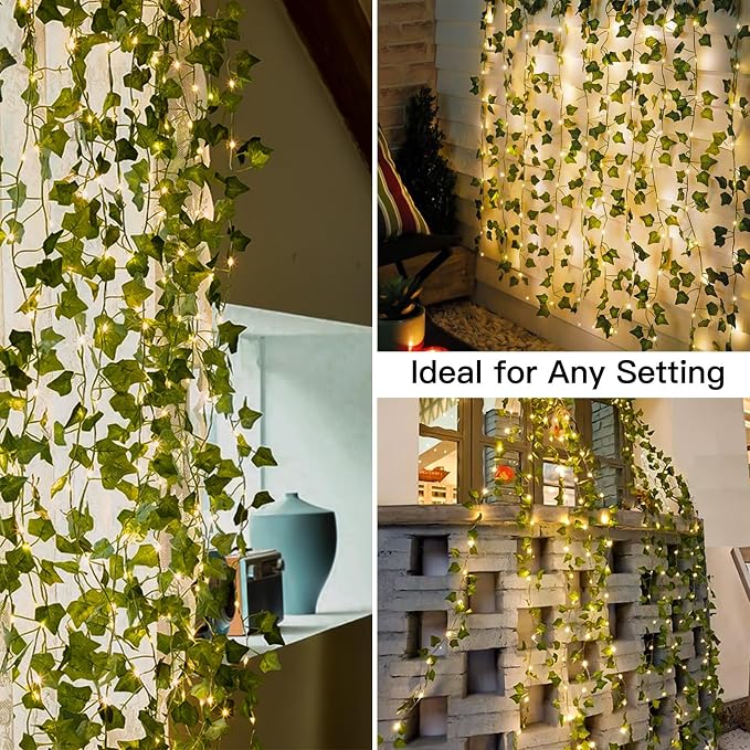 suddus Vines with Light for Bedroom, 200 LED Fairy Lights with Vines, Ivy Curtain Lights for Dorm, Wedding, Party, Wall, Indoor, Outdoor Decor, 6.5ft x 6.5ft（2 Pack