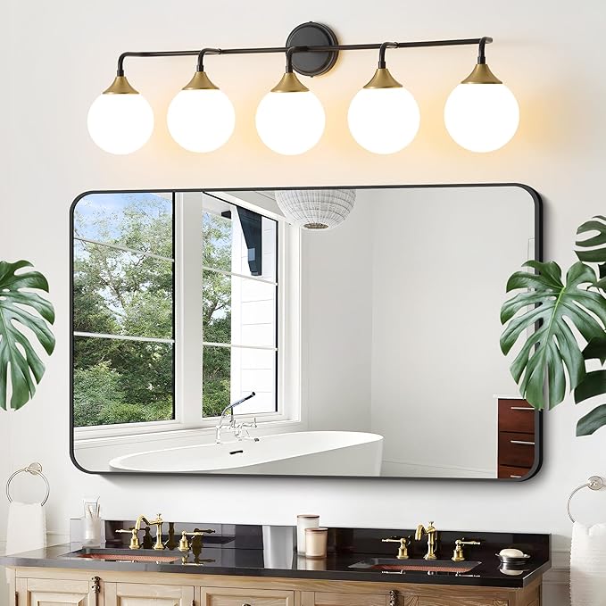 Black Gold Bathroom Light Fixtures, Modern Vanity Lighting Over Mirror, Mid Century Brushed Brass Wall Sconce 5-Light with Milky White Glass Ball Shades