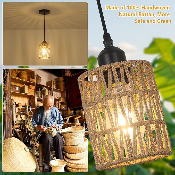 LAMSU 3 Pack Rattan Pendant Lights Kitchen Island, Farmhouse Pendant Lighting with Hand Woven Wicker Shade, Boho Chandelier Light Fixtures Ceiling Hanging for Dining Room Bedroom Foyer Hallway
