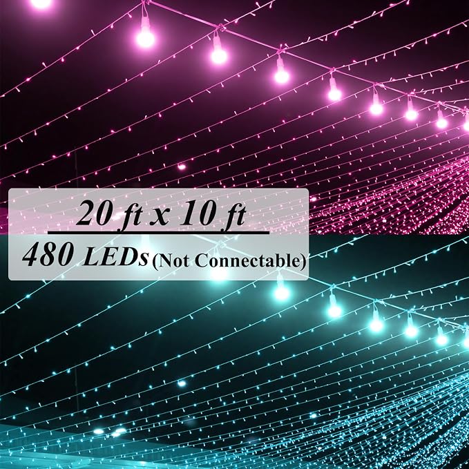 Solhice Curtain Lights Outdoor 20ft x10ft Color Changing, 480 LED Plug in Hanging String Lights Indoor Outside, Twinkle Light Backdrop for Wedding Garden Decor (Not Connectable)