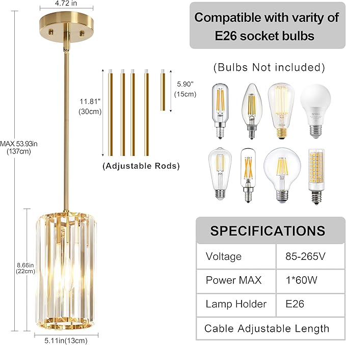 3-Pack Brass Gold Pendant Light Fixtures, Crystal Kitchen Pendant Lighting Over Island,Mini Modern Pendant Lights for Kitchen Island, Dining Room, Hallway, Foyer, Entryways