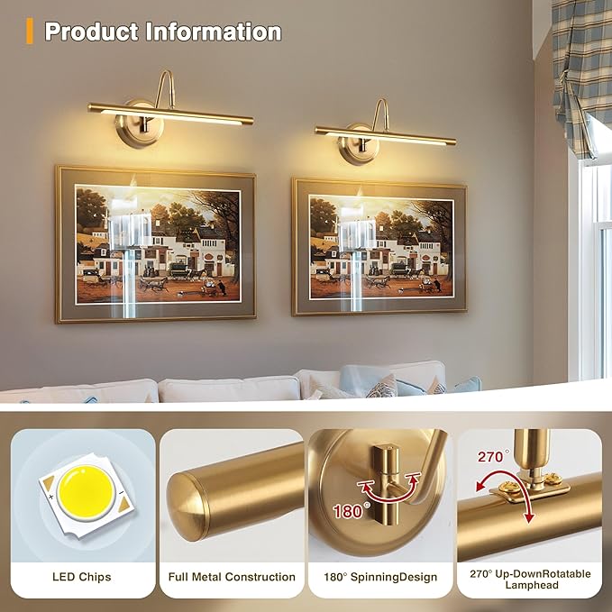 JOOSENLUX Dimmable Picture Lights - Modern 7W LED Wall Sconces for Paintings, 16.54" Long, 3000K Warm Light, Brass Golden Finish - Indoor Hallway Lighting Fixtures with Hard-Wired Connection