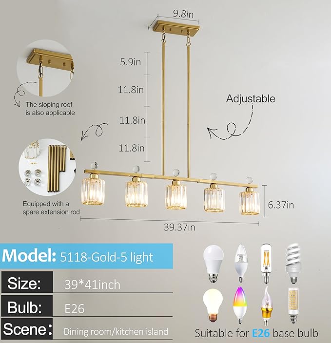 Modern Dining Room Light Fixture Over Table, Crystal Pendant Lights Kitchen Island, Chandeliers for Dining Room Kitchen Light Fixtures (E26) 5-Light Gold