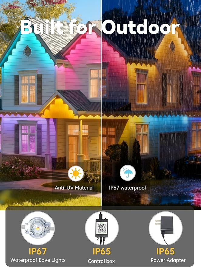Permanent Outdoor Lights,150FT RGB Christmas House Lights Outdoor with APP Remote Control, IP67 Waterproof Smart Eternity Eaves Lighting for Holiday, Party, Daily