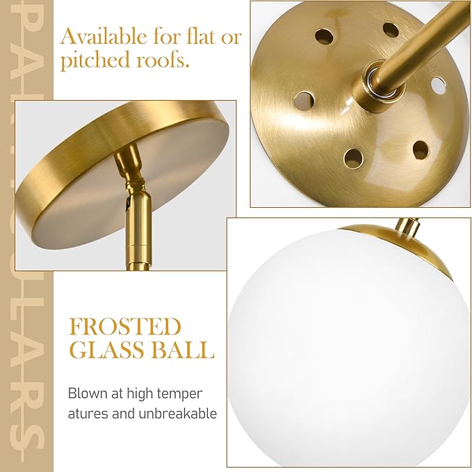 Bagood 10" Globe Pendant Light Gold 2 Pack Mid Century Pendant Light Globe Pendant Lights Kitchen Island Brushed Brass Finished with Milk Glass Adjustable Ceiling Light Fixtures for Dining Room Bar