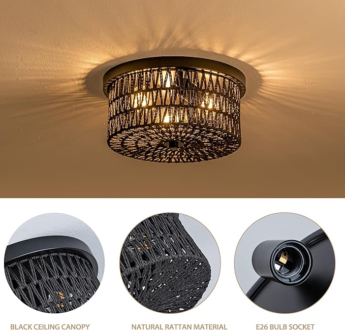 Black Rattan Light Fixture, 3 Light Flush Mount Ceiling Light, Boho Ceiling Light for Hallway, Entryway, Bedroom, Kitchen