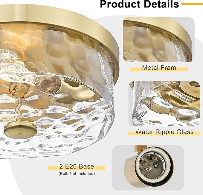 Flush Mount Ceiling Light with Water Ripple Glass Shade, Modern 2-Light Ceiling-Mount Light Fixtures for Bedroom Living Room Gold Metal Farmhous Ceiling Lamp for Lighting and Decoration