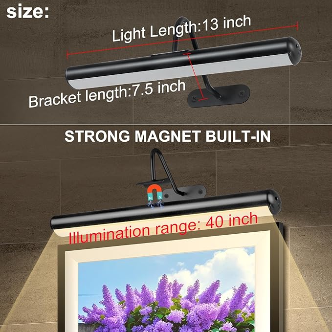2Pack-Dimmable Picture Lights with Timer Controller for Wall Sconce Lamps ,Art Painting Light for Home Office Gallery, 5000mAh Rechargeable Battery Operated Wall Light for Display Portrait Frame-Black