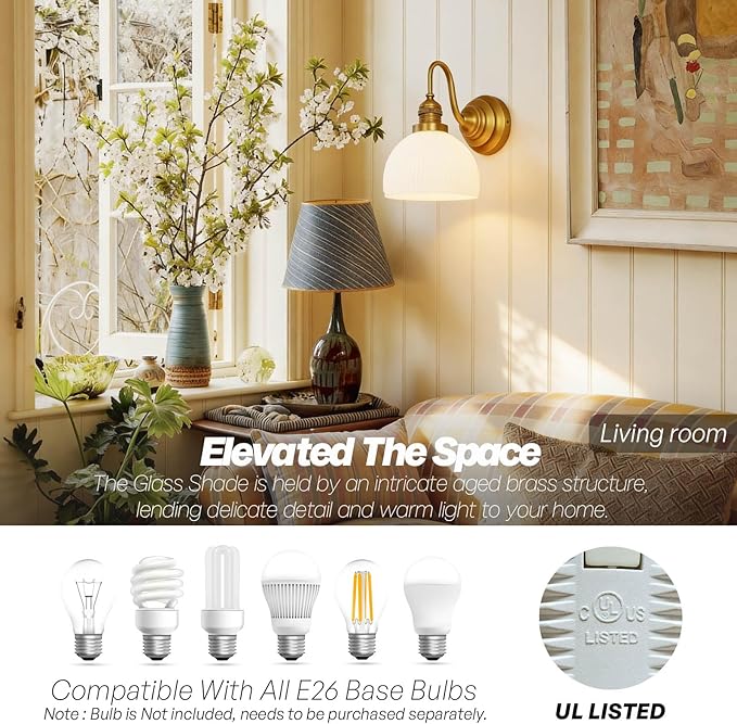 Gold Wall Sconces,Hardwire Bathroom Vanity Light with Striped Bowl Milk Glass Vintage Brass Wall Mounted Lamp Lights for Bathroom Mirror Living Room Bedroom Kitchen E26 Indoor