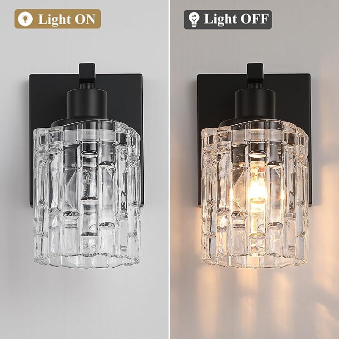 1 Light Matte Black Bathroom Vanity Light Over Mirror, Modern Vanity Lighting with Crystal Glass Shade, Wall Mount Bathroom Light Fixtures, E26 Base