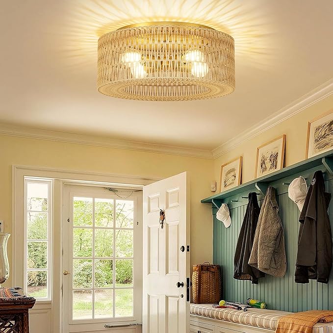 ROOMTEC 17.7" Rattan Flush Mount Ceiling Light, 4-Light Ceiling Fixture with Bulbs Included, Boho Woven Natural Fiber Dining Room Light for Bedroom Living Room Kitchen