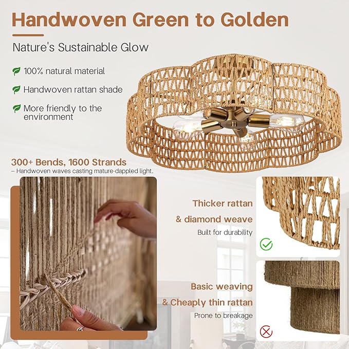 24” Boho Rattan Ceiling Light Fixture, Hand-Woven Wicker Flush Mount Chandelier, Rustic Coastal Scalloped Gold Base Semi Flush Lighting for Bedroom, Dining Room, Kitchen, Foyer, Living Room