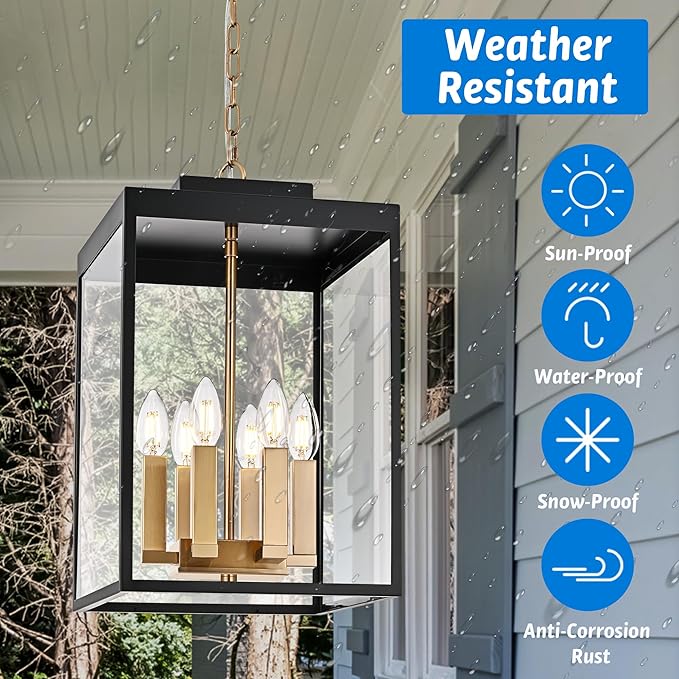 MELUCEE Large Outdoor Pendant Light Fixtures 6-Light Hanging Porch Lights Ceiling Mount 16'' Lantern Pendant Lights Black Brass Outside Chandelier with Clear Glass for Porch Patio Gazebo Entrance