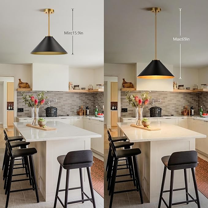 15.7 Inch Modern Pendant Lights Kitchen Island, Black and Gold 1-Light Single Pendant Lighting Fixtures, Metal Cone Farmhouse Ceiling Hanging Light for Dining Room Over Sink Table Hallway