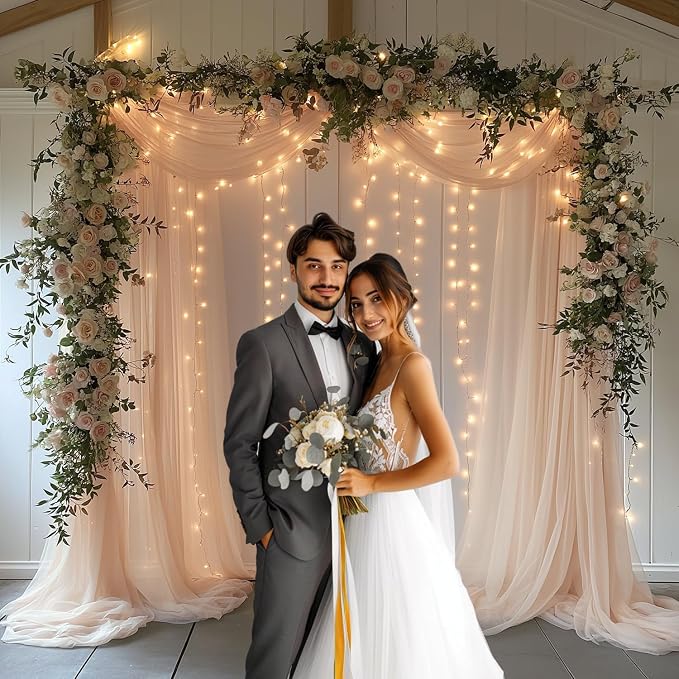 Champagne Tulle Backdrop Curtain with Lights String10x8ft Sheer Drapes for Wedding, Birthday, Baby Shower, Bridal Shower, Photo Booth, Party, Home Decor (2 Panels)