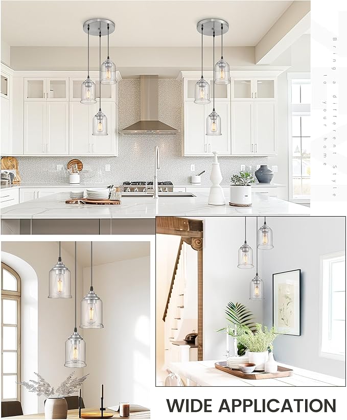 zeyu 3-Light Pendant Lighting, Adjustable Modern Cluster Pendant Light for Kitchen Island, Brushed Nickel Finish with Clear Glass Shade, ZSL104-3 BN