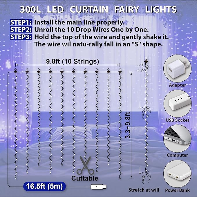 HXWEIYE 300LED Fairy Curtain Lights, 9.8x9.8Ft USB Plug-in 8 Modes Christmas String Hanging Lights with Remote for Bedroom Backdrop Wedding Indoor Wall Decor, Blue, Standard – 1 Pack