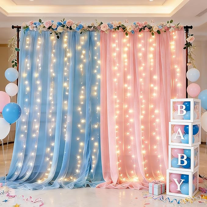 Ledido 2 Pack 10×8ft Pink Blue Tulle Backdrop Curtains with Light String - 600LED Fairy Light Sheer Curtain Backdrop for Gender Reveal Baby Shower Photo Shoot Birthday Party Decoration(4 Panels 5×8ft)