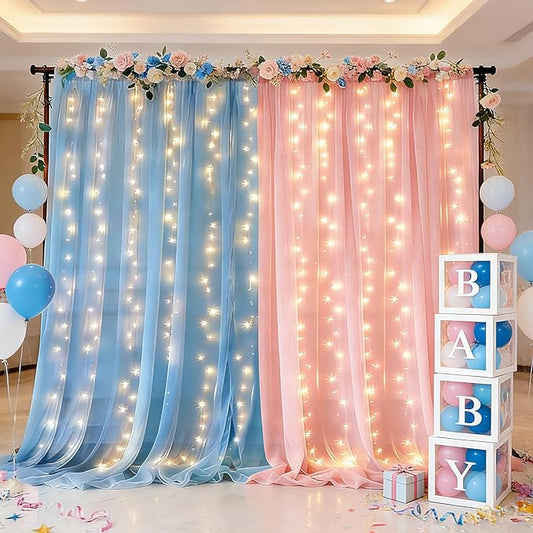 Ledido 2 Pack 10×8ft Pink Blue Tulle Backdrop Curtains with Light String - 600LED Fairy Light Sheer Curtain Backdrop for Gender Reveal Baby Shower Photo Shoot Birthday Party Decoration(4 Panels 5×8ft)