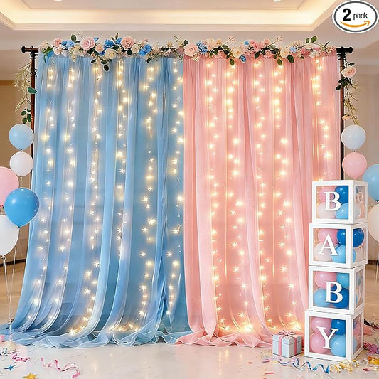 Ledido 10×10ft Pink Blue Tulle Backdrop Curtains with Lights String - 300LED Fairy Lights Sheer Curtain Backdrop for Gender Reveal Baby Shower Photo Shoot Birthday Party Decoration(2 Panels 5×10ft)