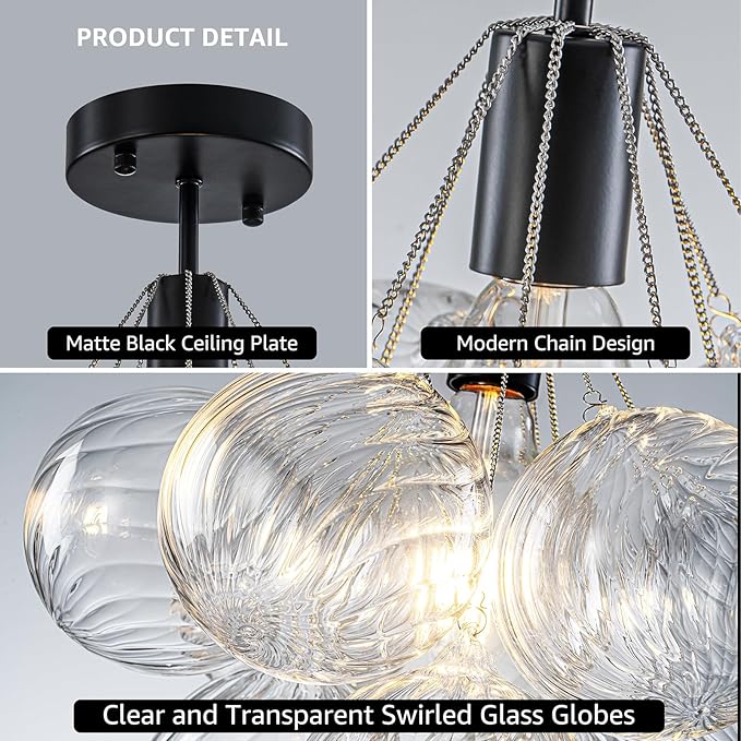 GoYeel Flush Mount Ceiling Light 14.17"-Mid Century Modern Chandelier Lighting Black Globe Bubble Chandeliers 1 Light with 9 Clear Swirled Glass Ball Lighting for Dining Room,Include E26 Blub