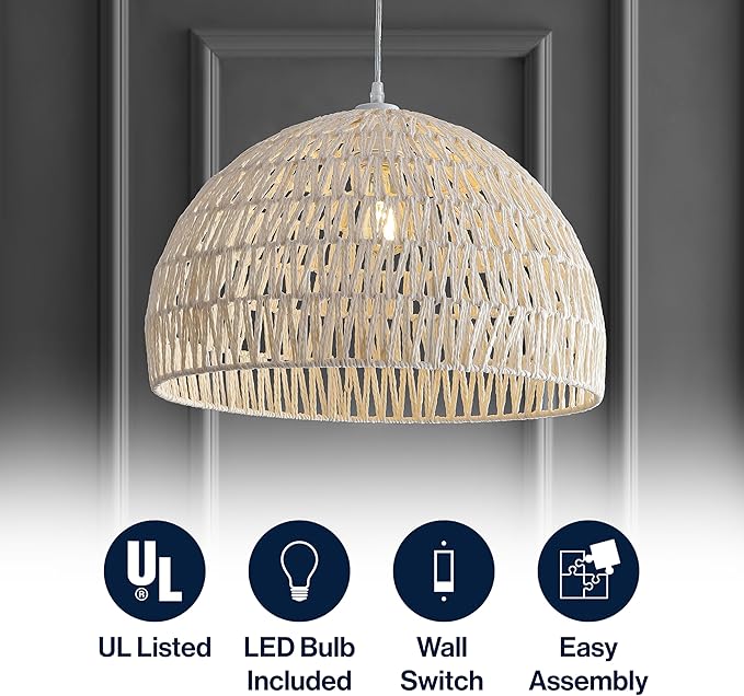 JONATHAN Y 20" Cream Modern Bohemian Woven Rope LED Pendant Light Fixture, Adjustable Dome Ceiling Lamp for Kitchen Island, Rope Shade, Coastal Farmhouse Decor JYL6504A