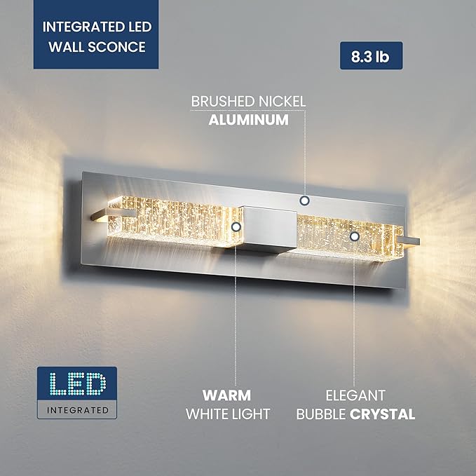 WOSHITU LED Wall Sconce Light: 19 Inch Nickel Modern Sconces Wall Lighting 3000K Dimmable Crystal Wall Lamps Indoor Bathroom Sconce Wall Mount Light Fixtures for Living Room/Bedroom/Hallway