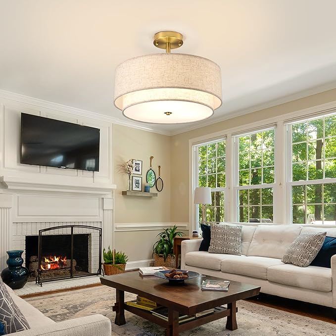 16" Semi Flush Mount Ceiling Light Fixture,Modern Close to Ceiling Light, 3-Lights Gold Drum Ceiling Light with Linen Fabric Shade for Bedroom Living Dining Room Hallway Entryway Foyer