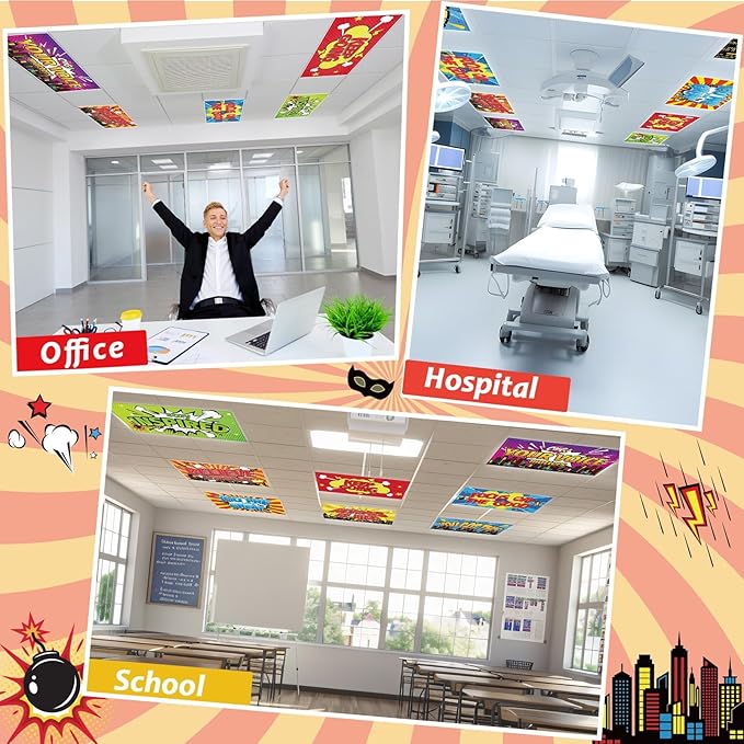 Wiooffen 8 Pcs Fluorescent Light Covers with 80 Magnets Decorative for Classroom Ceiling Lights 4 x 2 Feet Magnetic Light Cover Filter Easy Install for Office Hospital Home Ceiling Supplies (Hero)