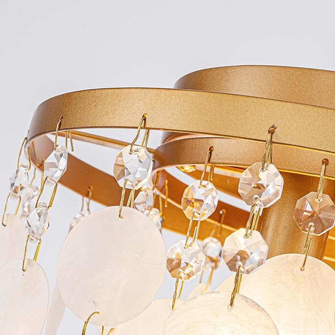 D11 inch Capiz Shell Crystal Ceiling Light, 3-Light Coastal Design Flushmount Close to Ceiling Light Fixture for Foyer, Hallway, Bedroom, D11 x H13 inch, Shell & Crystal & Copper Finish Frame
