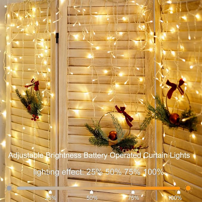 Christmas Battery Curtain Lights Warm White with Remote Timer 9.8×9.8ft
