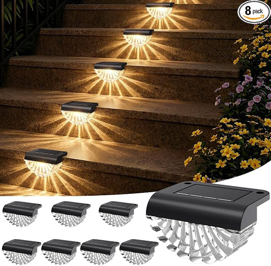 Greluna Solar Fence Lights, 8 Pack Waterproof Deck Outdoor Lights, Auto Dusk to Dawn Step Lights with Warm White Glow, Easy Install for Fence, Patio, Stairs, Pathway, Garden Lighting