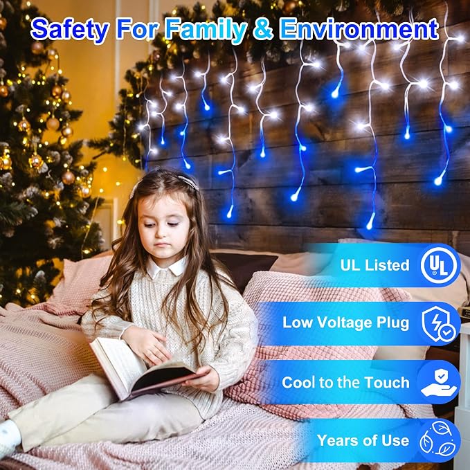 810LED 82FT Christmas Lights, 180Drops 12 Modes Christmas String Lights Outdoor Brightness, Waterproof Christmas Decoration Fairy Lights with Timer Memory for Party Patio Window Fence Blue & CoolWhite