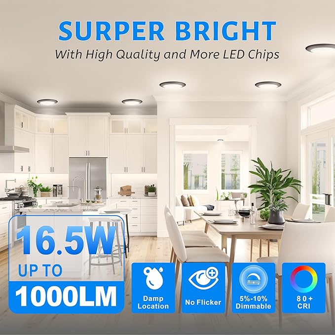 ECOELER LED Flush Mount Ceiling Light, 5/6inch Dimmable Surface Mount Disk Downlight, 16.5W 1100Lm, 3000K Warm White, LED Recessed Retrofit Ceiling Lights Fixture for Bathroom, Kitchen, Closet, 4 Pack