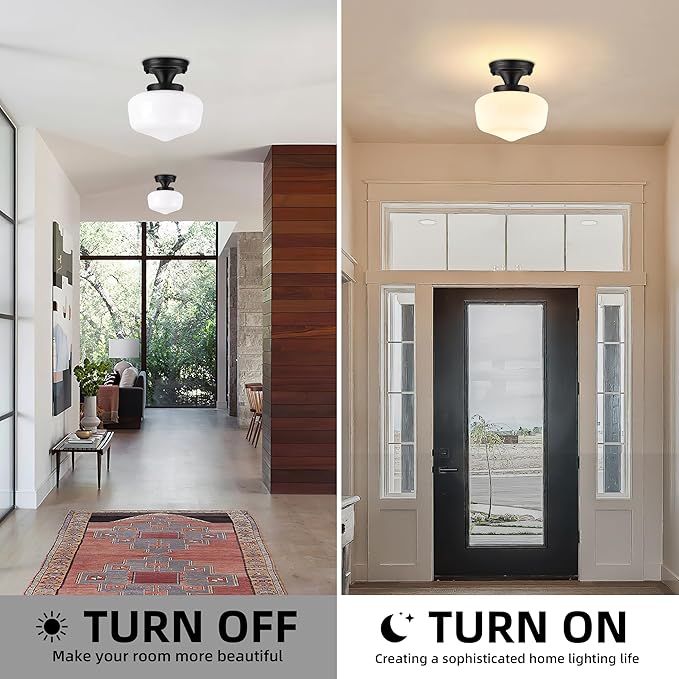 Black Schoolhouse Light Fixture 8" Mid Century Light Fixture Schoolhouse Light Fixtures Ceiling Milk Glass Light Fixtures Semi Flush Mount Ceiling Light for Bathroom (Bulb Incl.)