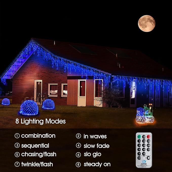 WBao Icicle Lights Outdoor, 432 LED 33FT Christmas Lights With 81 Drops, Remote Control, 3 Timer Settings, 8 Modes, Waterproof, Connectable for Wedding, Holiday Eaves Decor, Blue