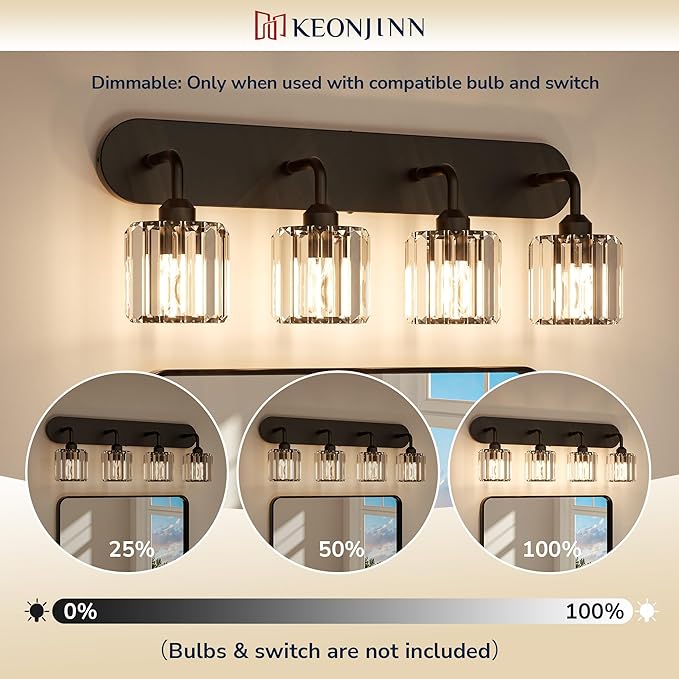 Keonjinn 6-Light Bathroom Light Fixtures, Crystal Black Bathroom Vanity Lights Over Mirror, Vanity Lighting Fixtures with Crystal Square Shades (E26 Socket, Exclude Bulb)