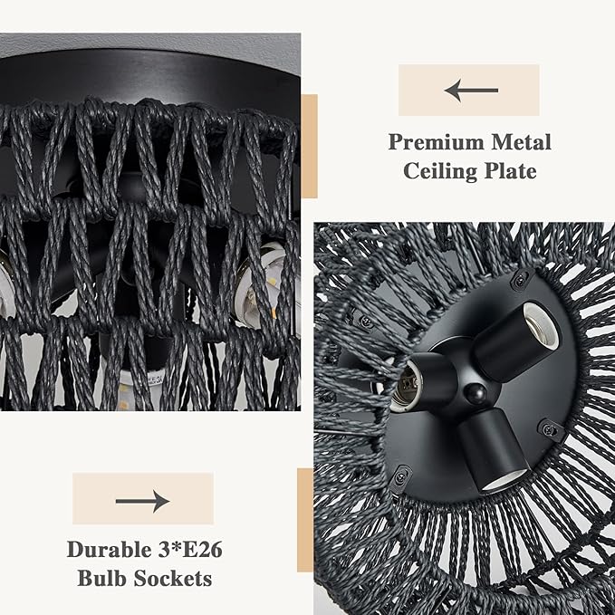 Rattan Light Fixtures Ceiling Mount, 3-Lights Boho Flush Mount Ceiling Light, Hand-Woven Cage Shade Lamp Lighting, Rustic Rattan Chandelier for Hallway Bedroom Kitchen Farmhouse Foyer Entryway (Black)