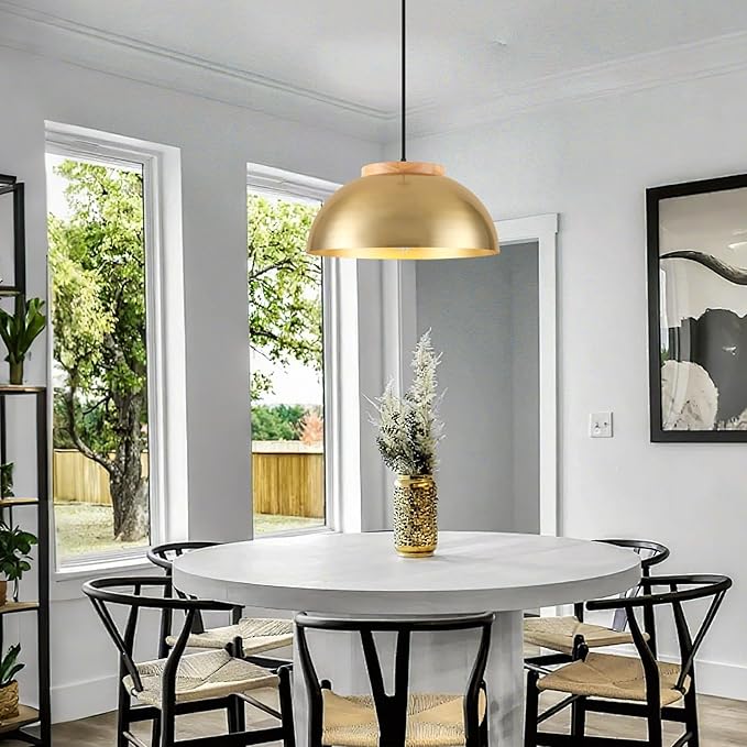 Large Pendant Lights, Gold Pendant Lights for Kitchen Island, Farmhouse Pendant Light Fixtures with Wooden Holder, 16" Adjustable Lighting Fixtures for Dining Room, Living Room, Entryway, 2 Pack