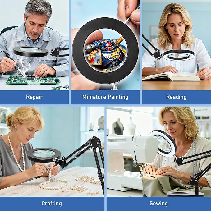 HITTI 10X Magnifying Glass with Light, 1,800 Lumens Stepless Dimmable, 3 Color Modes, 4.2″ Real Glass Lens LED Desk Lamp & Clamp, Magnifier Light and Stand for Crafts, Soldering, Fly Tying, Close Work