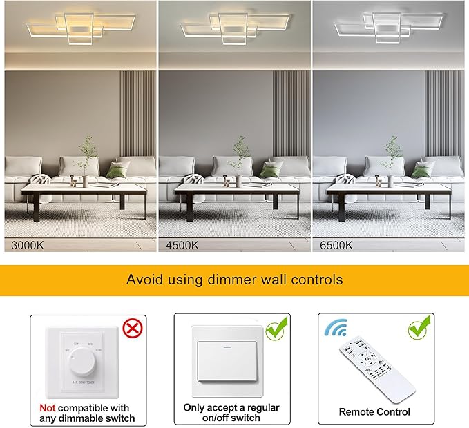 Jaycomey Modern Ceiling Light Dimmable LED Chandelier with Remote Control,50W 3-Layer Square Ceiling Lamp Acrylic Flush Mount Ceiling Lights Fixtures for Bedroom Dining Living Room Kitchen(White)