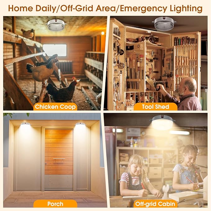 Solar Ceiling Lights 2 Pack, Daytime & Night 3200K/4000K/6000K Dimmable Shed Lights with On/Off Switch & Remote, 120LED*2 Solar Lights Outdoor & Indoor for Home Barn Shop Carpot Chicken Coop