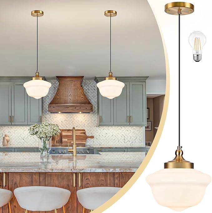 Bagood 10" Milk Glass Pendant Light Gold Schoolhouse Light Fixture Schoolhouse Pendant Light Milk Glass Light Fixture Mid Century Modern Ceiling Light for Bedroom Bathroom Kitchen Island (Bulb Incl)
