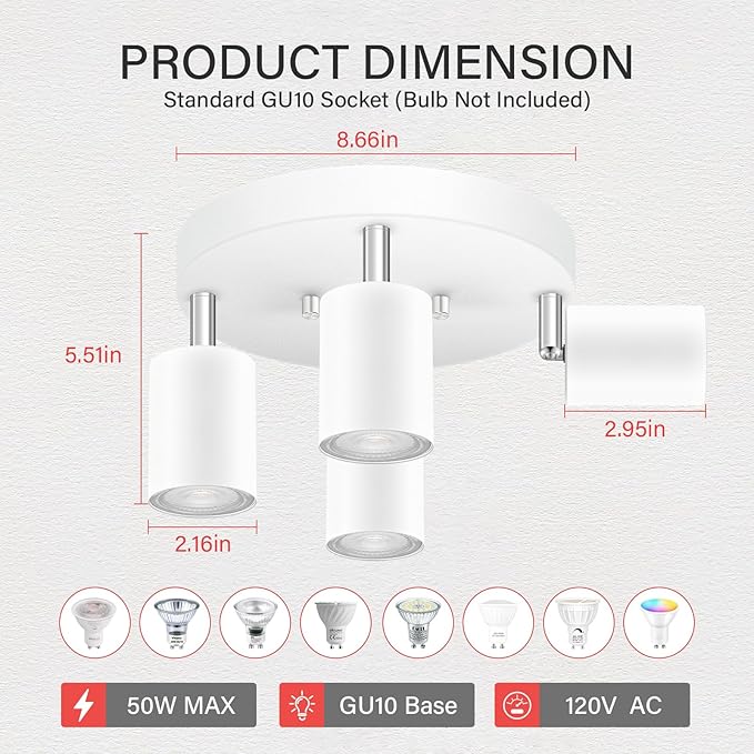 LED 4 Light Track Lighting Kit, LED Track Lighting Fixtures, White Round Ceiling Spot Lighting, Flexibly Rotatable Light Head for Kitchen, Living Room, Bedroom, GU10 Bulb Not Included