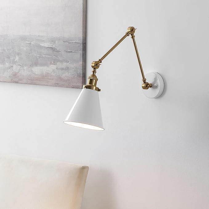 JONATHAN Y 7" White/Brass Gold Classic Industrial Metal Adjustable Arm LED Wall Sconce for Bedside Reading, Farmhouse Swing Arm Wall Lamp with Metal Shade, Hardwired (JYL7462B)