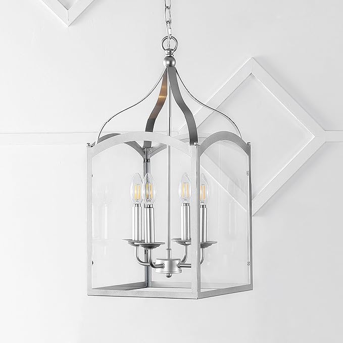 JONATHAN Y 11" Silver 4-Light Traditional Lantern Pendant Light, Metal and Clear Glass Shade, Classic Chandelier for Foyer, Kitchen Island, LED Bulbs Included (JYL7403B)