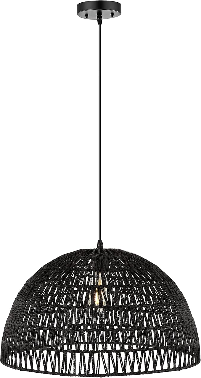JONATHAN Y 20" Black Modern Bohemian Woven Rope LED Pendant Light Fixture, Adjustable Dome Ceiling Lamp for Kitchen Island, Rope Shade, Coastal Farmhouse Decor (JYL6504C)